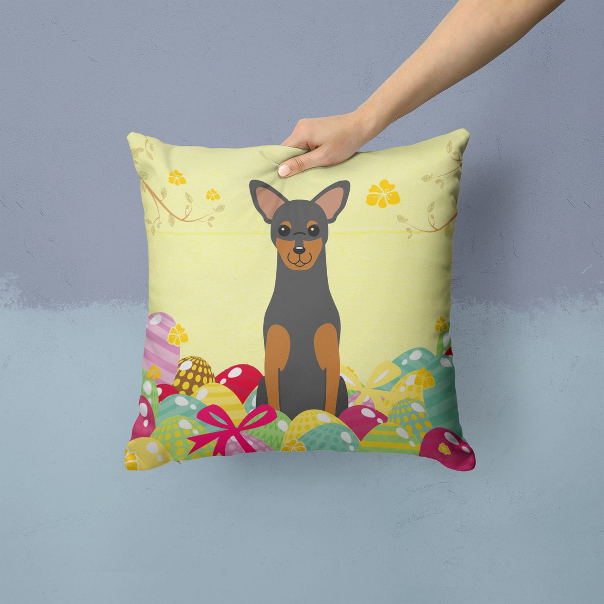 Easter Eggs Manchester Terrier Decorative Throw Pillow 14x14 Indoor Outdoor Accent Cushion, Fabric Cover with Insert for Sofa, Bed, Porch & Living Room