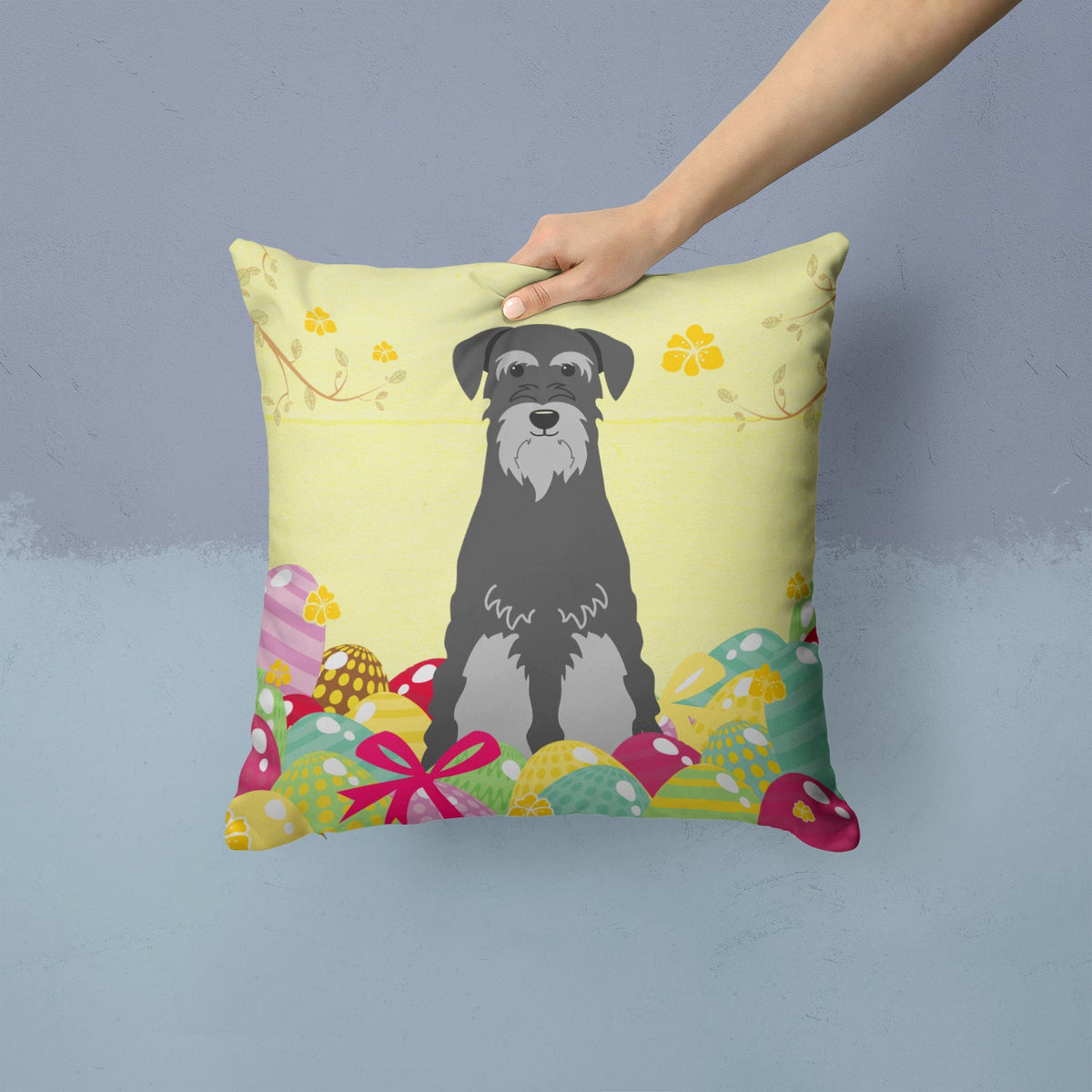 Easter Eggs Standard Schnauzer Black Grey Decorative Throw Pillow 14x14 Indoor Outdoor Accent Cushion, Fabric Cover with Insert for Sofa, Bed, Porch & Living Room