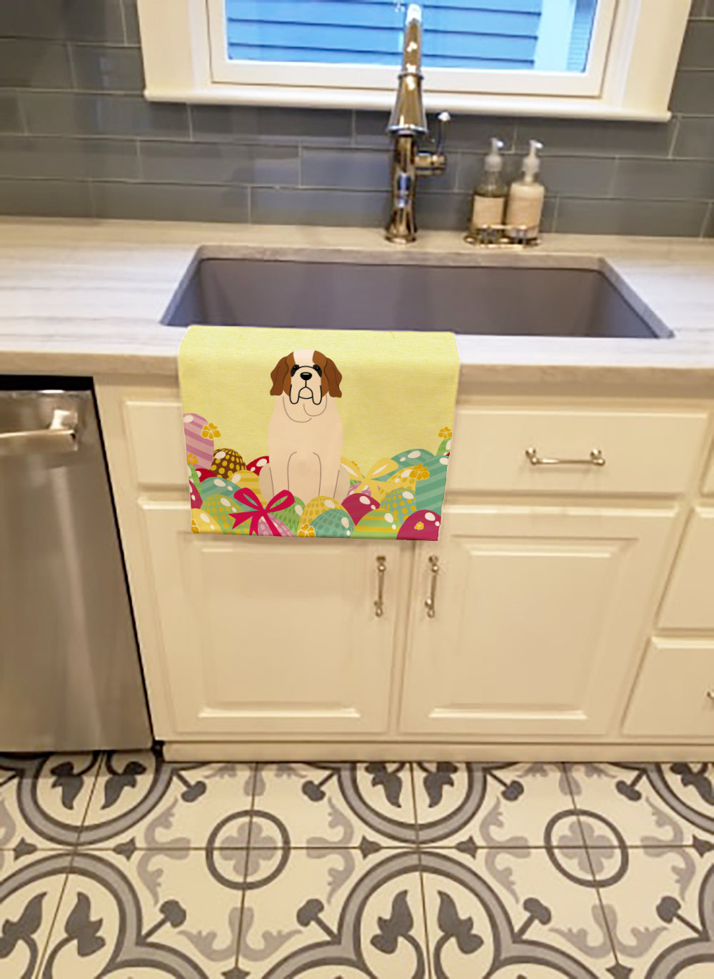 Easter Eggs Saint Bernard Kitchen Towel Velour Plush Front and Cotton Loop Back Machine Washable