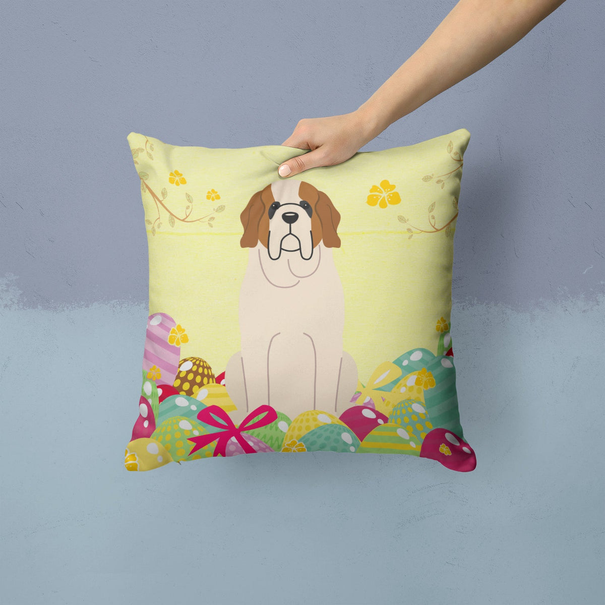Easter Eggs Saint Bernard Decorative Throw Pillow 14x14 Indoor Outdoor Accent Cushion, Fabric Cover with Insert for Sofa, Bed, Porch & Living Room