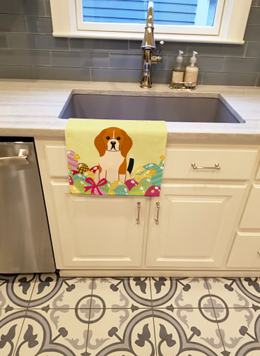 Easter Eggs Beagle Tricolor Kitchen Towel Velour Plush Front and Cotton Loop Back Machine Washable