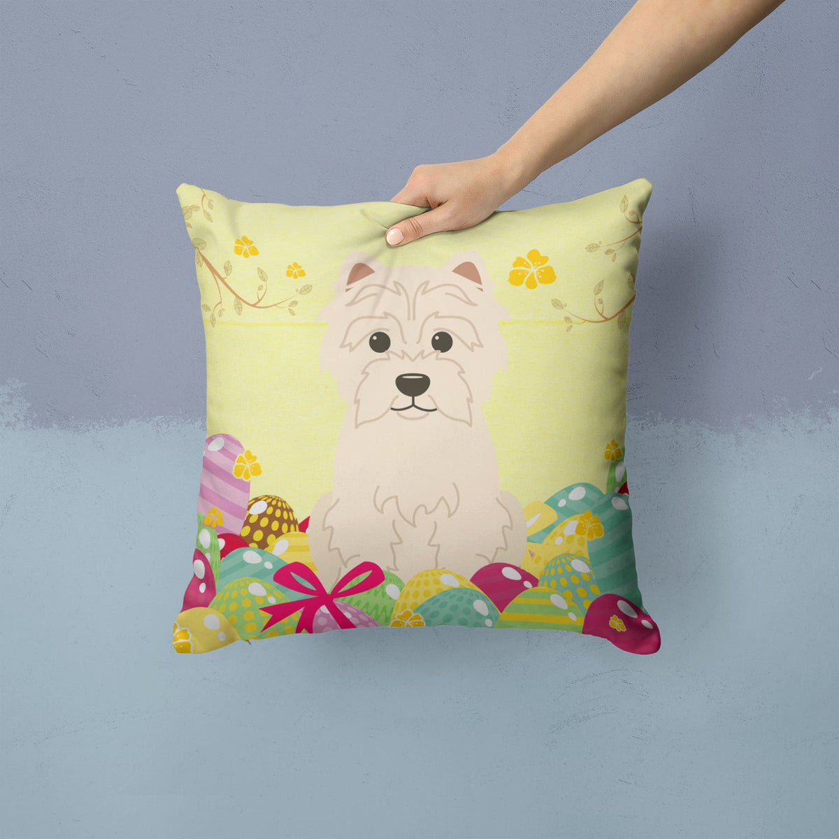 Easter Eggs Westie Decorative Throw Pillow 14x14 Indoor Outdoor Accent Cushion, Fabric Cover with Insert for Sofa, Bed, Porch & Living Room
