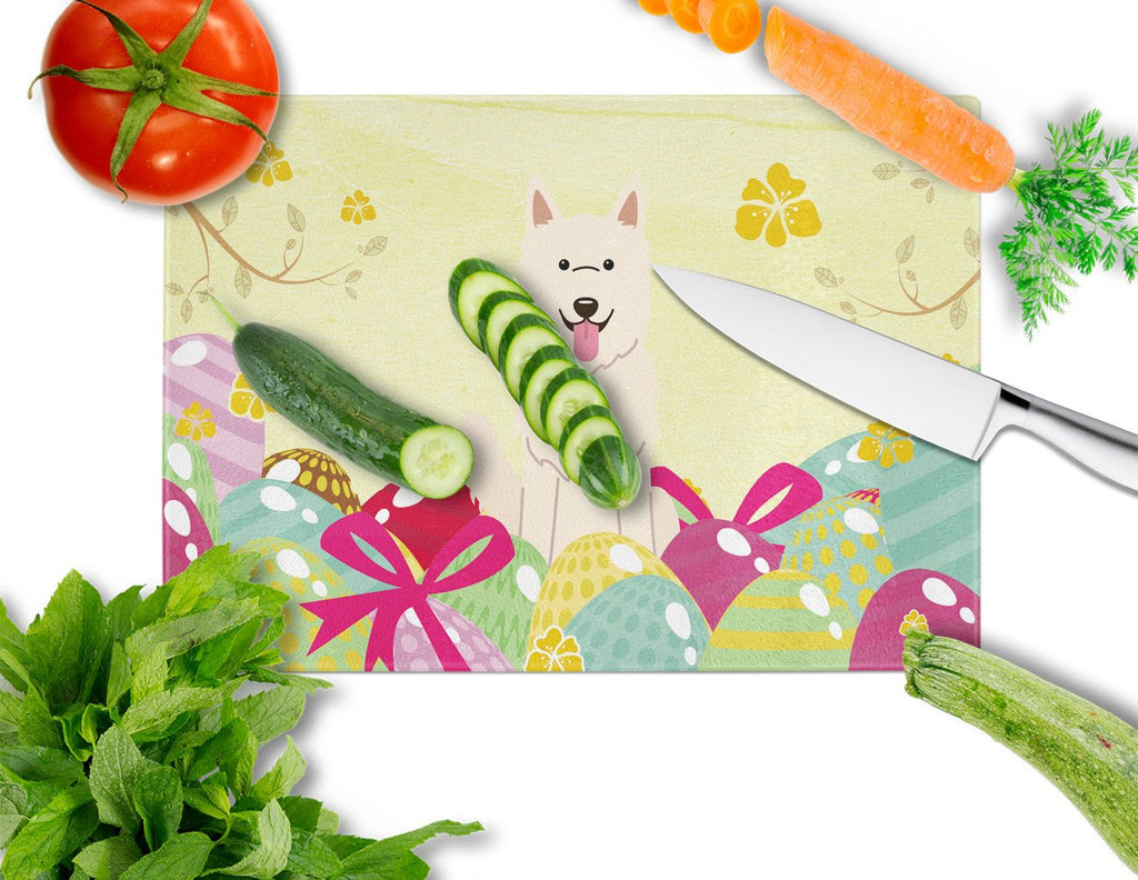 Easter Eggs White German Shepherd Cutting Board Tempered Glass Kitchen Cutting Surface, Heat Resistant Chopping, Non-Slip Feet, Food Prep & Serving