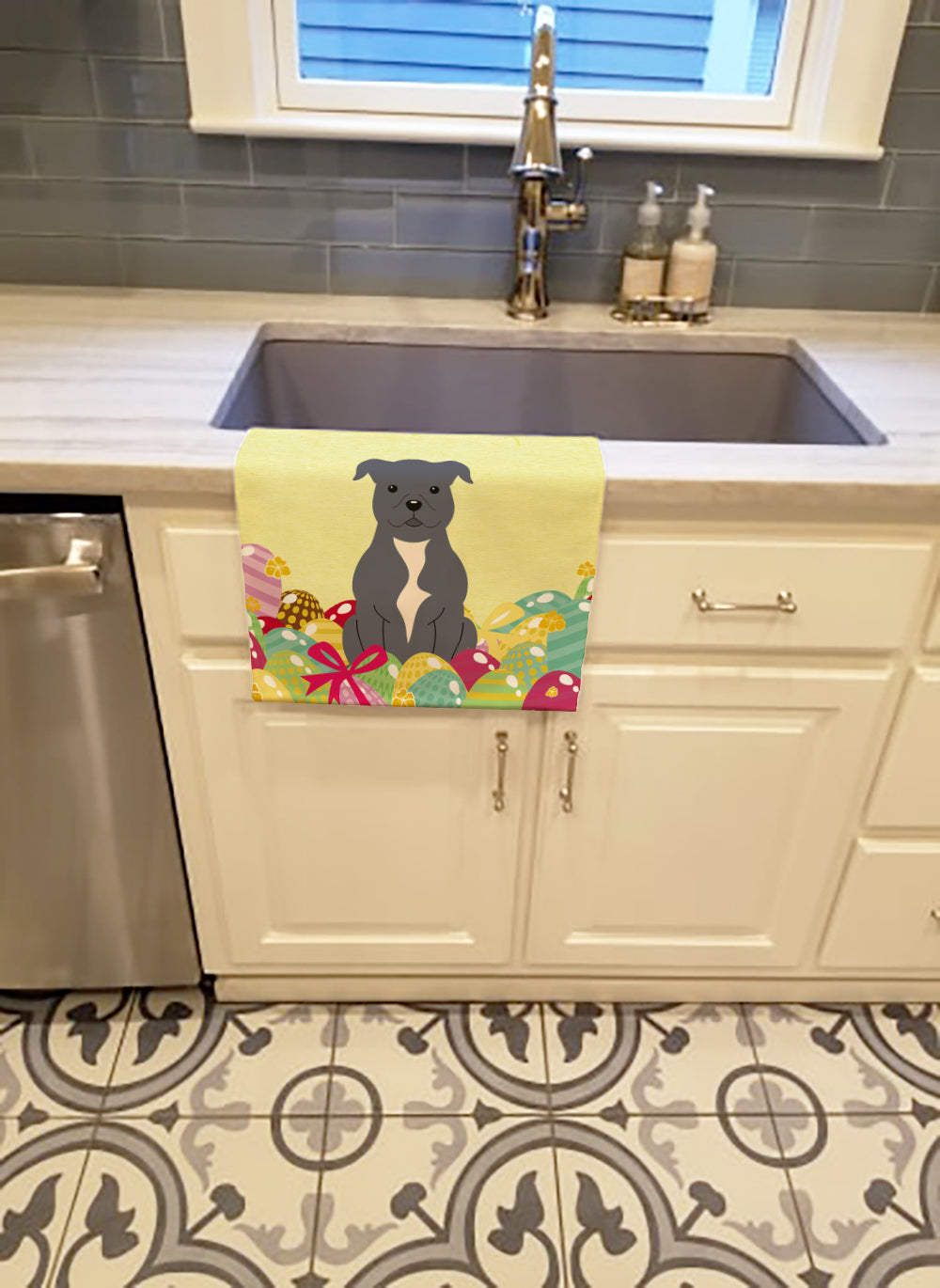 Easter Eggs Staffordshire Bull Terrier Blue Kitchen Towel Velour Plush Front and Cotton Loop Back Machine Washable