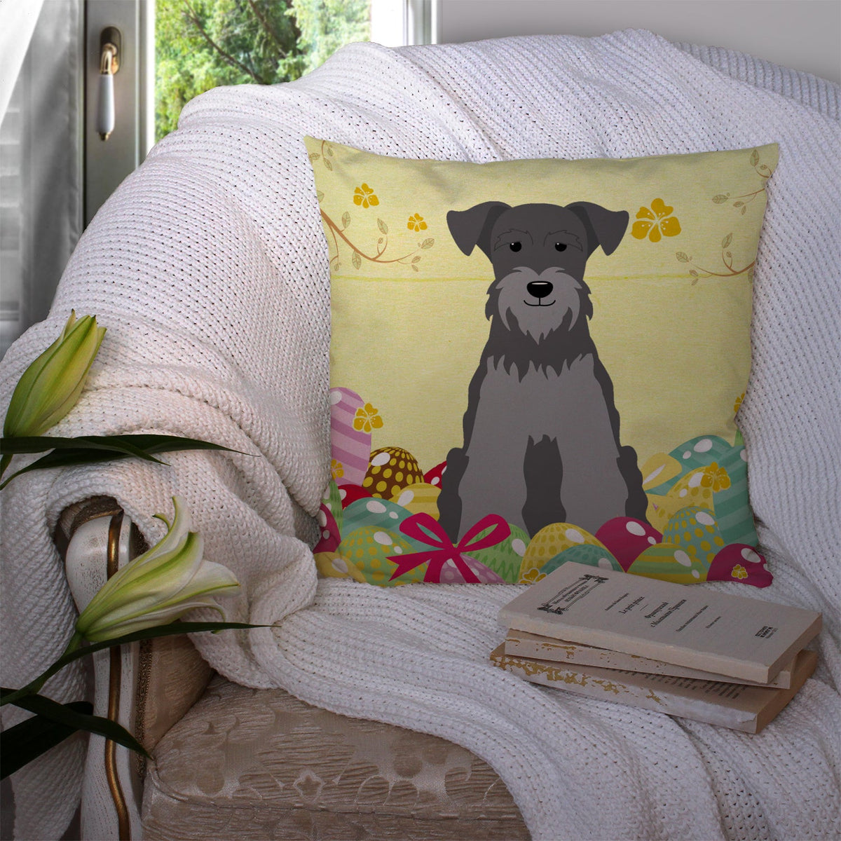 Easter Eggs Miniature Schnauzer Black Silver Decorative Throw Pillow 14x14 Indoor Outdoor Accent Cushion, Fabric Cover with Insert for Sofa, Bed, Porch & Living Room