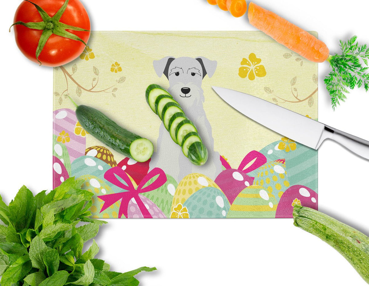 Easter Eggs Miniature Schnauzer White Cutting Board Tempered Glass Kitchen Cutting Surface, Heat Resistant Chopping, Non-Slip Feet, Food Prep & Serving
