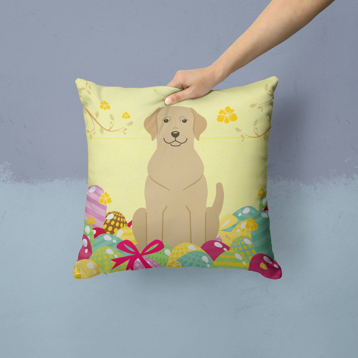 Easter Eggs Yellow Labrador Decorative Throw Pillow 14x14 Indoor Outdoor Accent Cushion, Fabric Cover with Insert for Sofa, Bed, Porch & Living Room