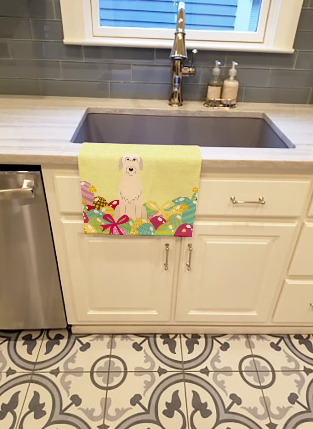 Easter Eggs Irish Wolfhound Kitchen Towel Velour Plush Front and Cotton Loop Back Machine Washable