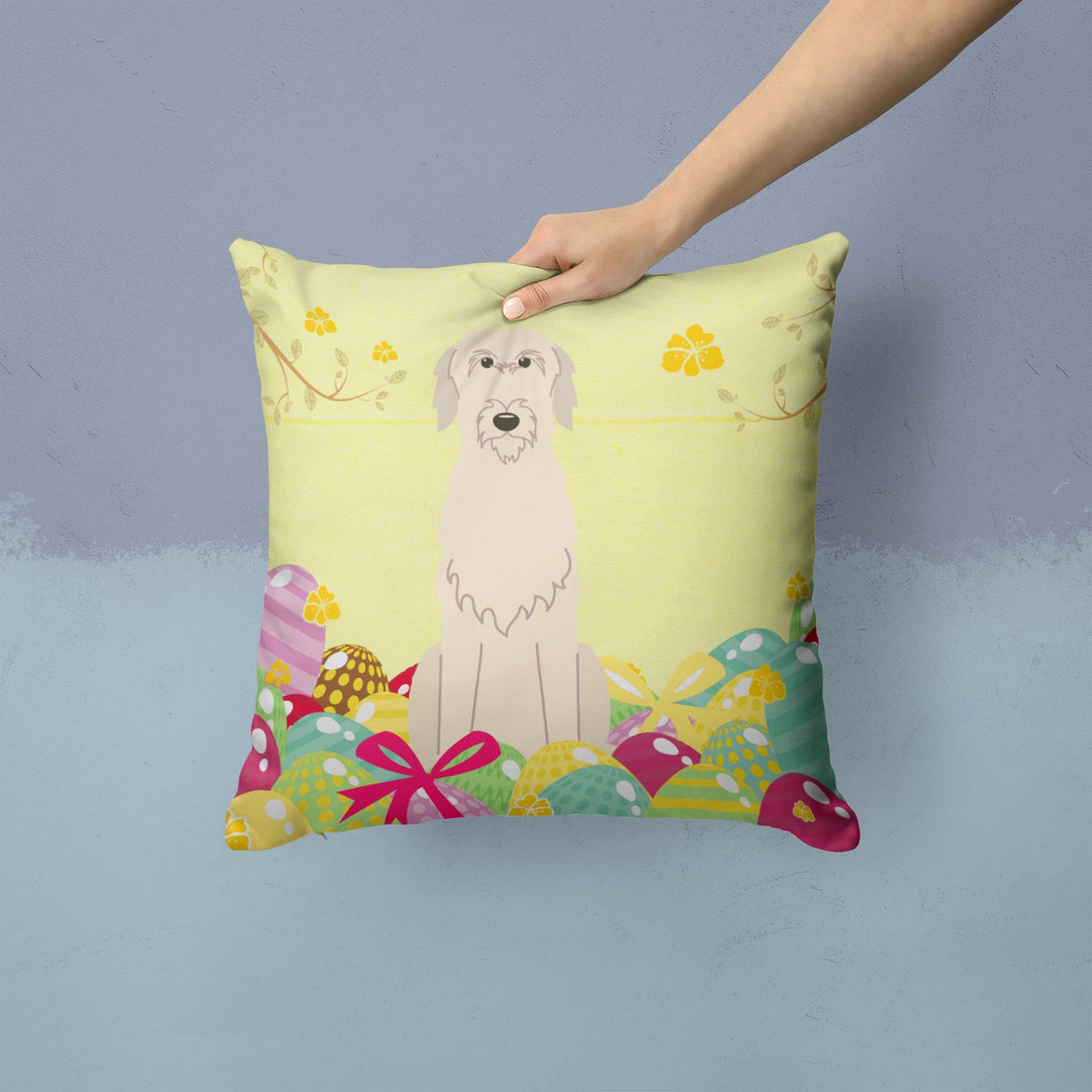 Easter Eggs Irish Wolfhound Decorative Throw Pillow 14x14 Indoor Outdoor Accent Cushion, Fabric Cover with Insert for Sofa, Bed, Porch & Living Room