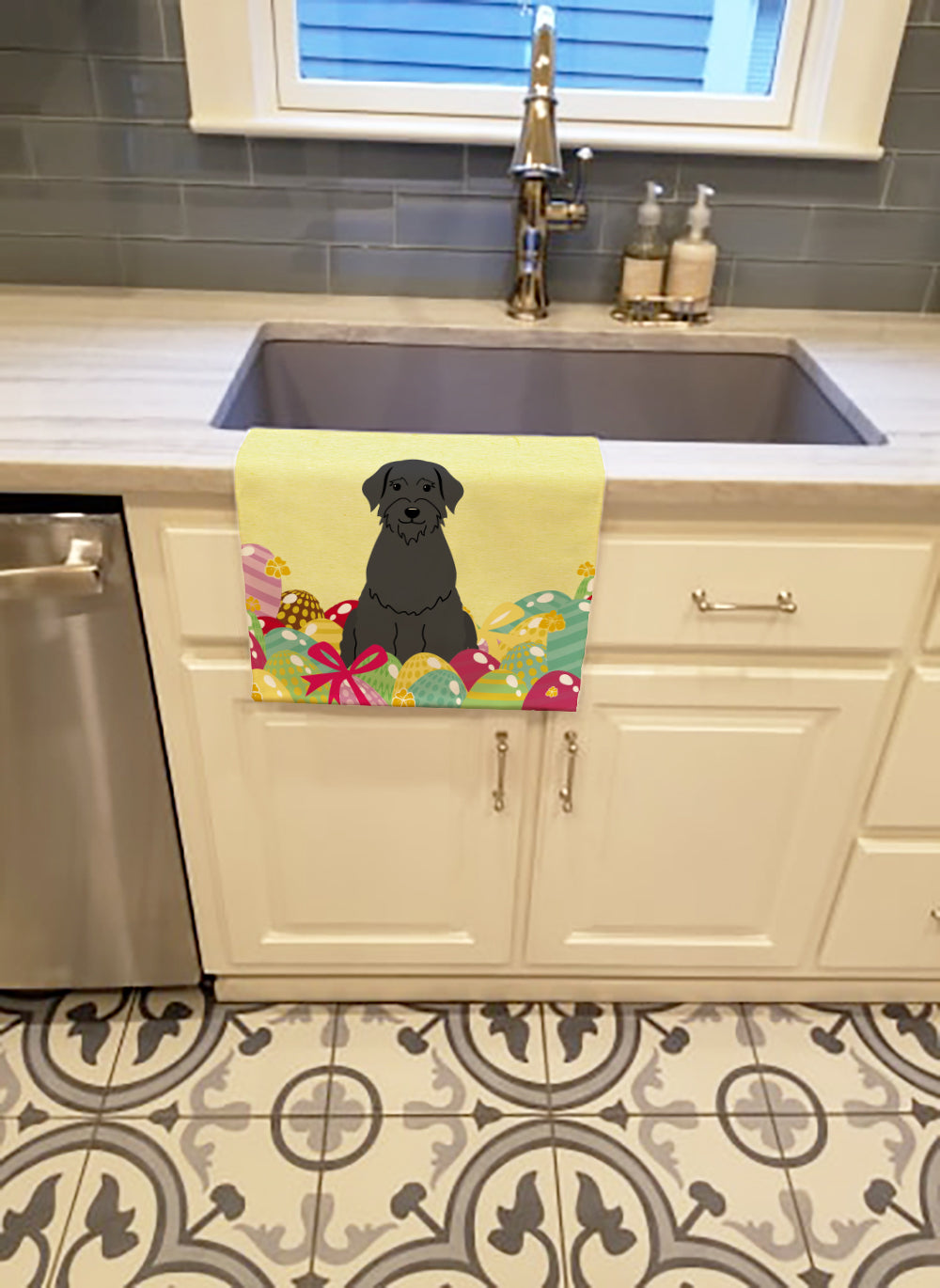 Easter Eggs Giant Schnauzer Kitchen Towel Velour Plush Front and Cotton Loop Back Machine Washable