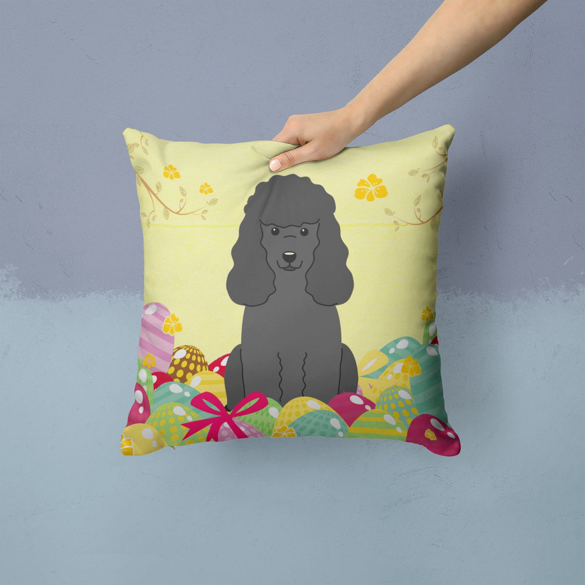 Easter Eggs Poodle Black Decorative Throw Pillow 14x14 Indoor Outdoor Accent Cushion, Fabric Cover with Insert for Sofa, Bed, Porch & Living Room