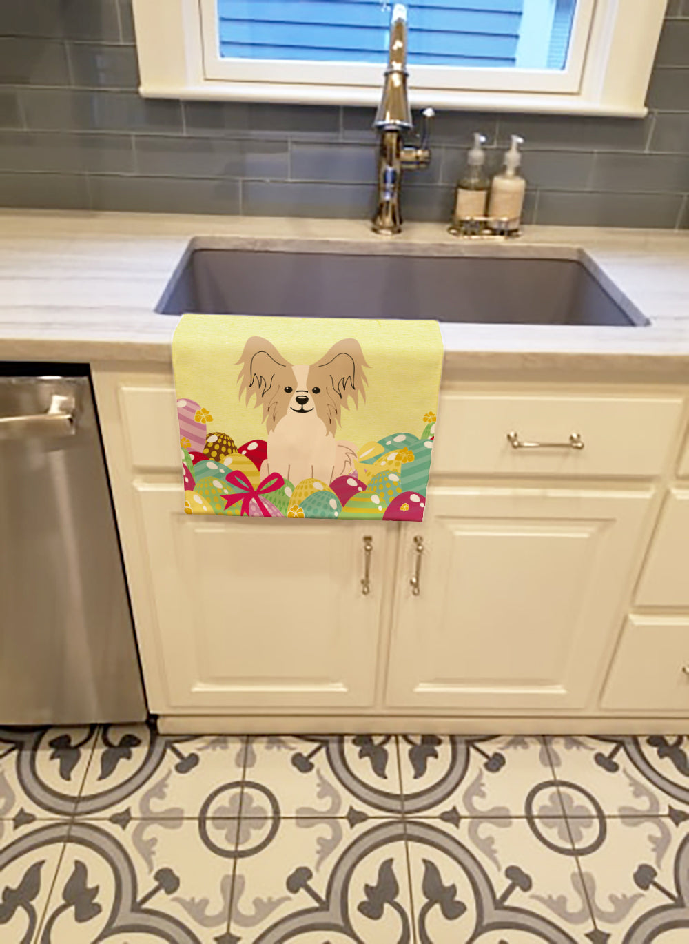 Easter Eggs Papillon Sable White Kitchen Towel Velour Plush Front and Cotton Loop Back Machine Washable