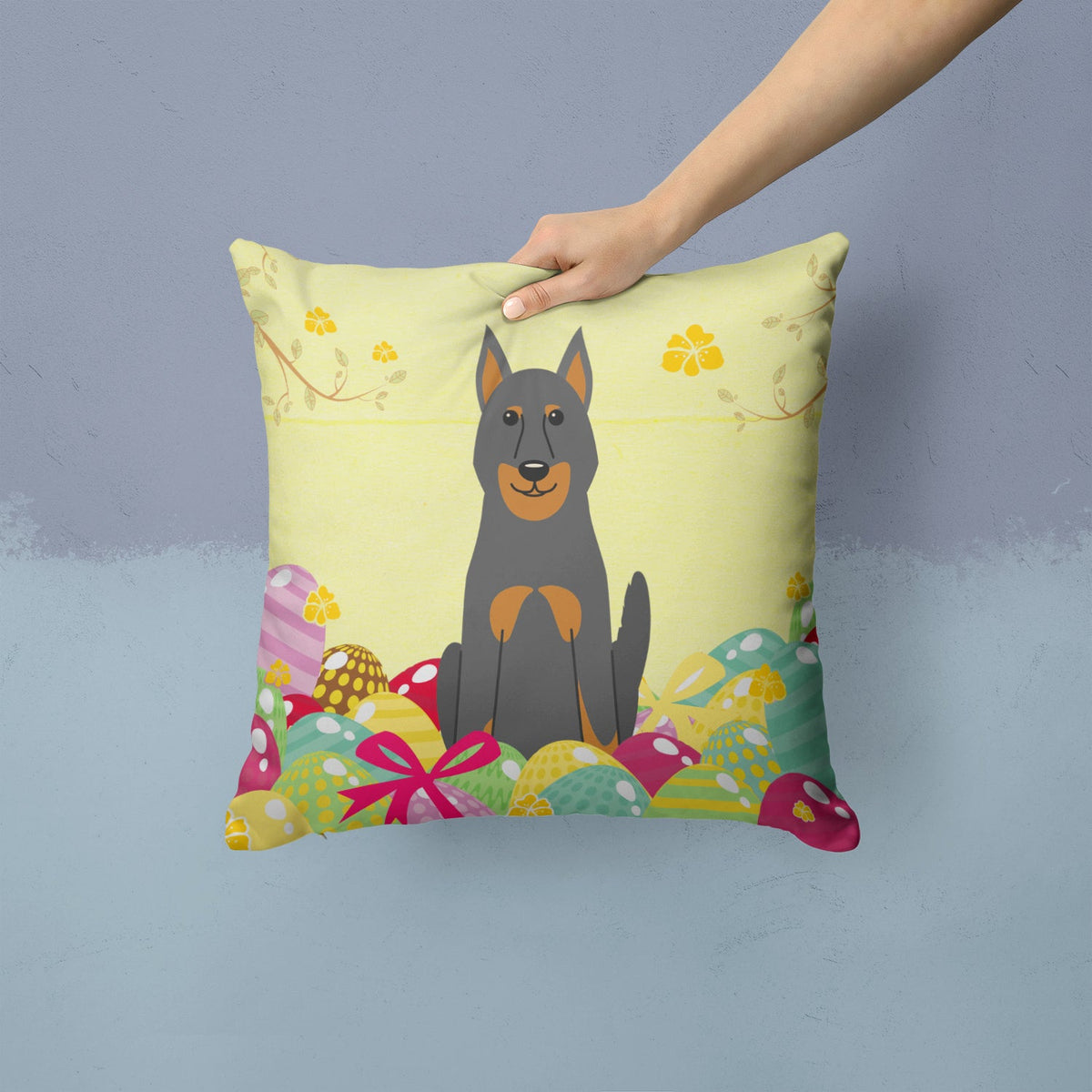 Easter Eggs Beauce Shepherd Dog Decorative Throw Pillow 14x14 Indoor Outdoor Accent Cushion, Fabric Cover with Insert for Sofa, Bed, Porch & Living Room