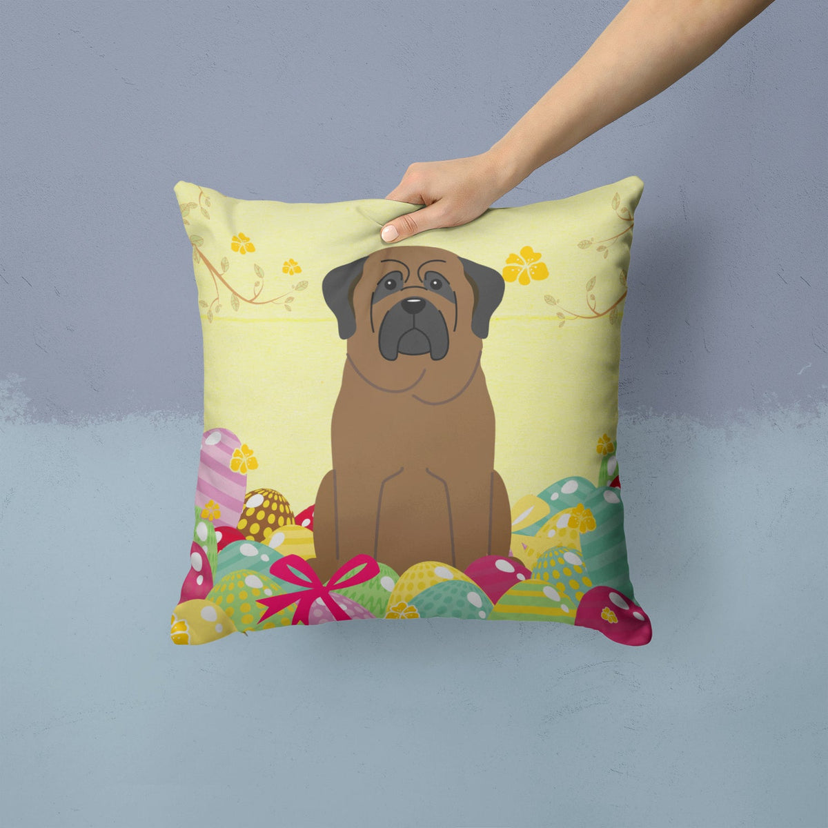 Easter Eggs Bullmastiff Decorative Throw Pillow 14x14 Indoor Outdoor Accent Cushion, Fabric Cover with Insert for Sofa, Bed, Porch & Living Room