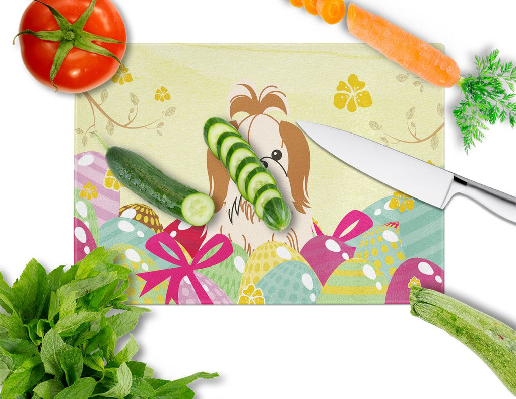 Easter Eggs Shih Tzu Red White Cutting Board Tempered Glass Kitchen Cutting Surface, Heat Resistant Chopping, Non-Slip Feet, Food Prep & Serving