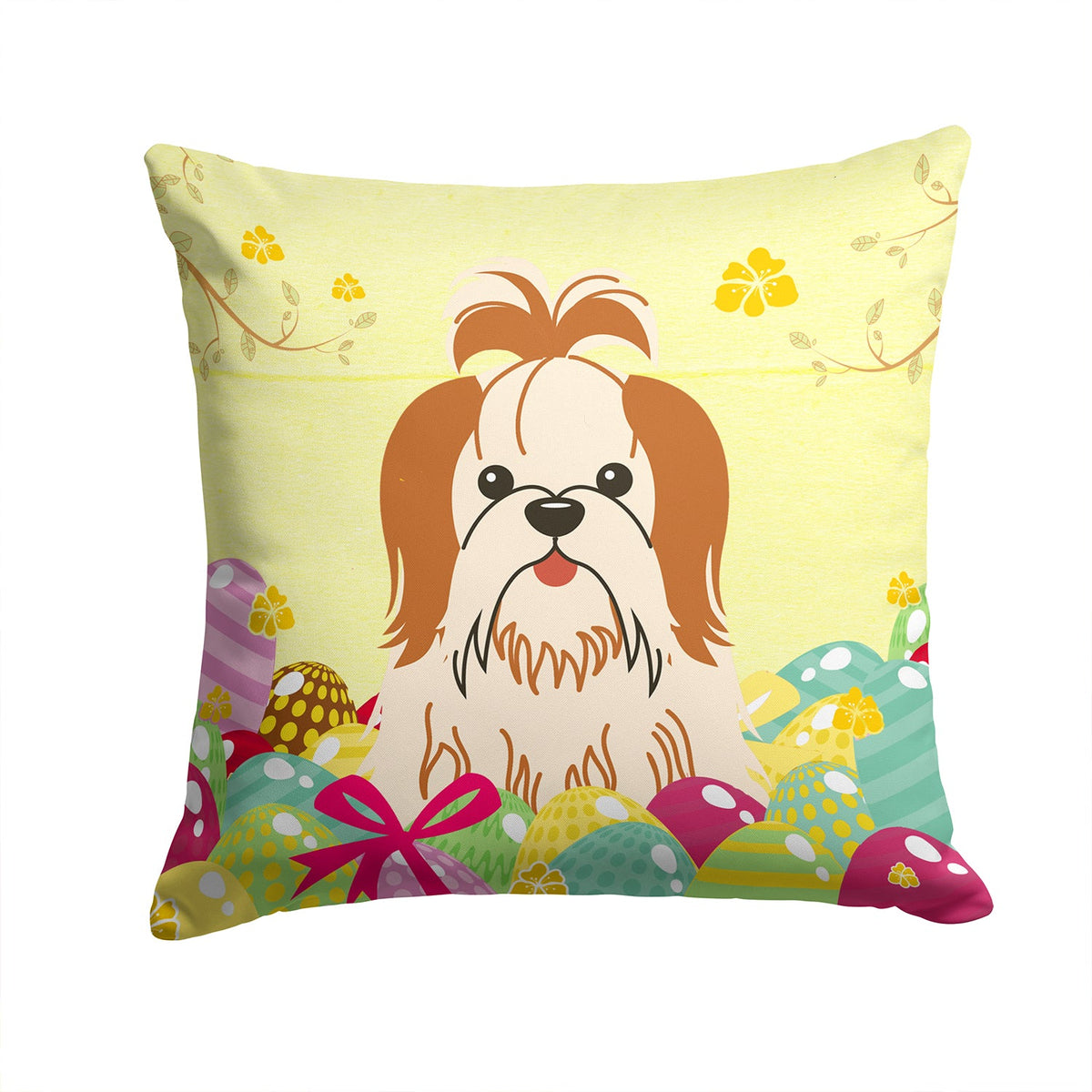 Easter Eggs Shih Tzu Red White Decorative Throw Pillow 14x14 Indoor Outdoor Accent Cushion, Fabric Cover with Insert for Sofa, Bed, Porch & Living Room