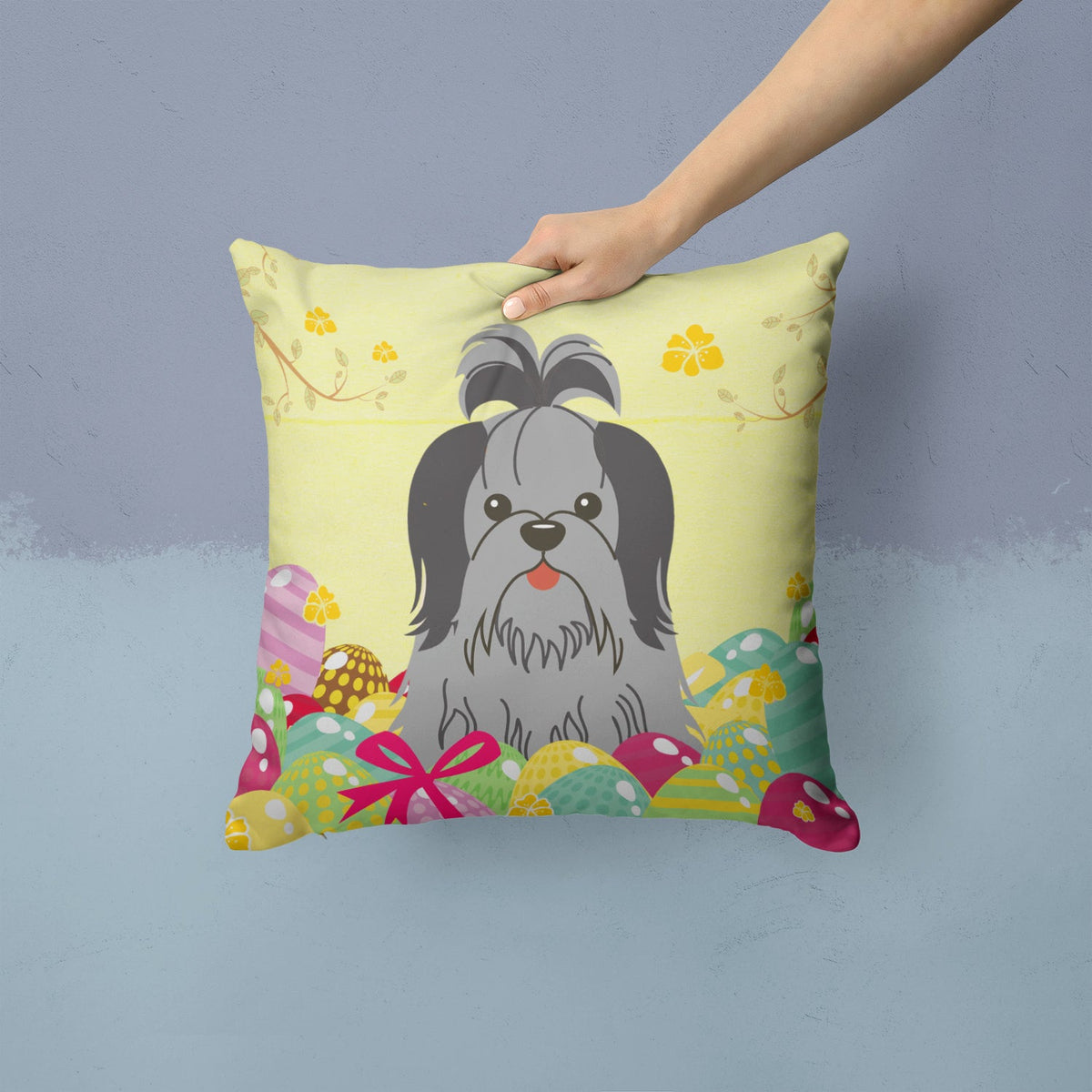 Easter Eggs Shih Tzu Black Silver Decorative Throw Pillow 14x14 Indoor Outdoor Accent Cushion, Fabric Cover with Insert for Sofa, Bed, Porch & Living Room
