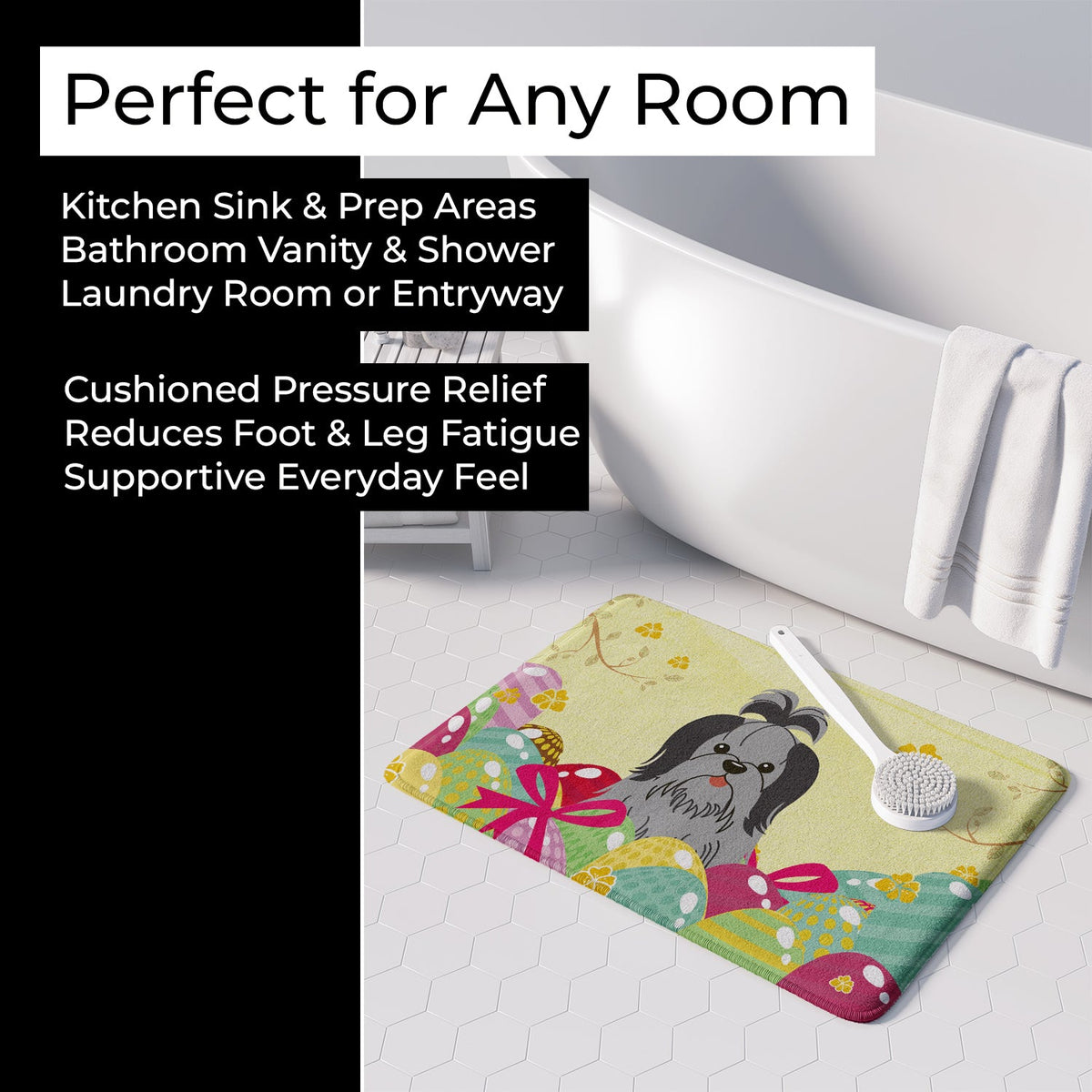 Easter Eggs Shih Tzu Black Silver Memory Foam Kitchen Mat Machine Washable Anti-Fatigue Cushion Comfort Bath or Kitchen Rug