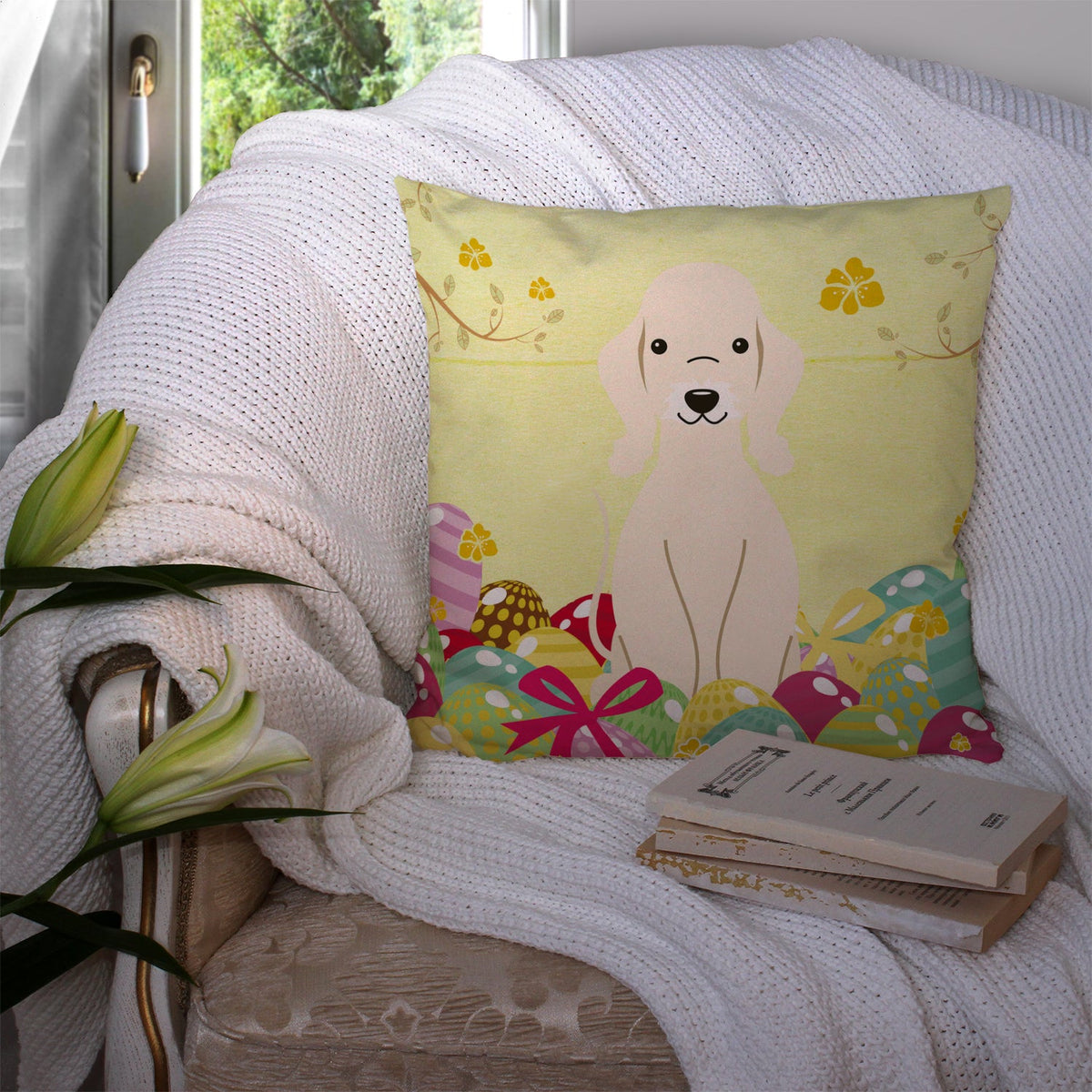 Easter Eggs Bedlington Terrier Sandy Decorative Throw Pillow 14x14 Indoor Outdoor Accent Cushion, Fabric Cover with Insert for Sofa, Bed, Porch & Living Room