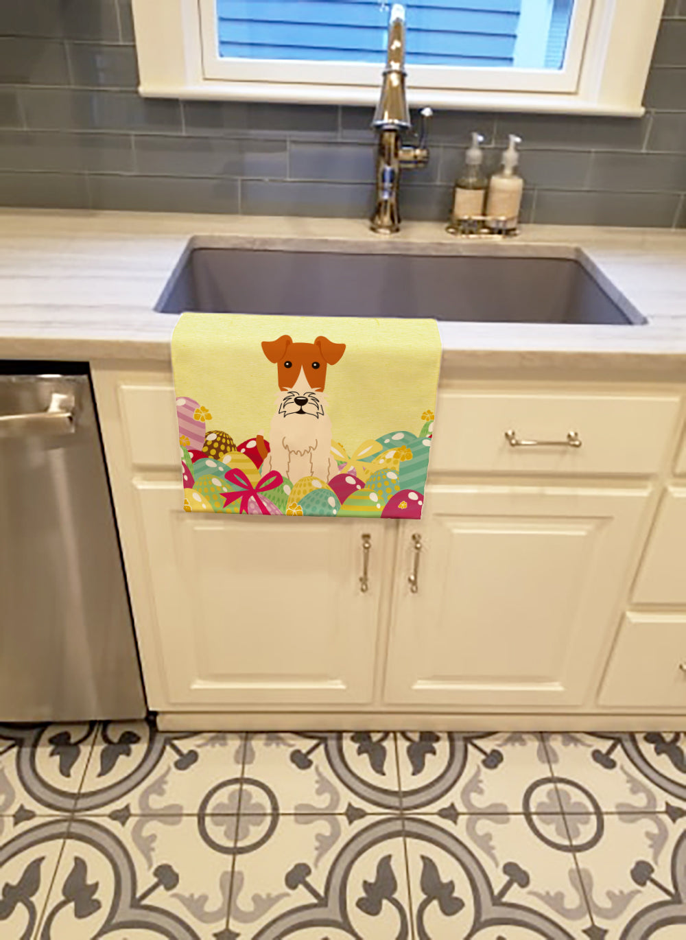 Easter Eggs Wire Fox Terrier Kitchen Towel Velour Plush Front and Cotton Loop Back Machine Washable