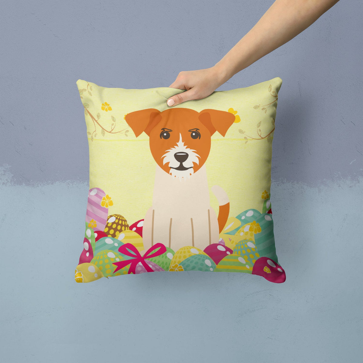 Easter Eggs Jack Russell Terrier Decorative Throw Pillow 14x14 Indoor Outdoor Accent Cushion, Fabric Cover with Insert for Sofa, Bed, Porch & Living Room