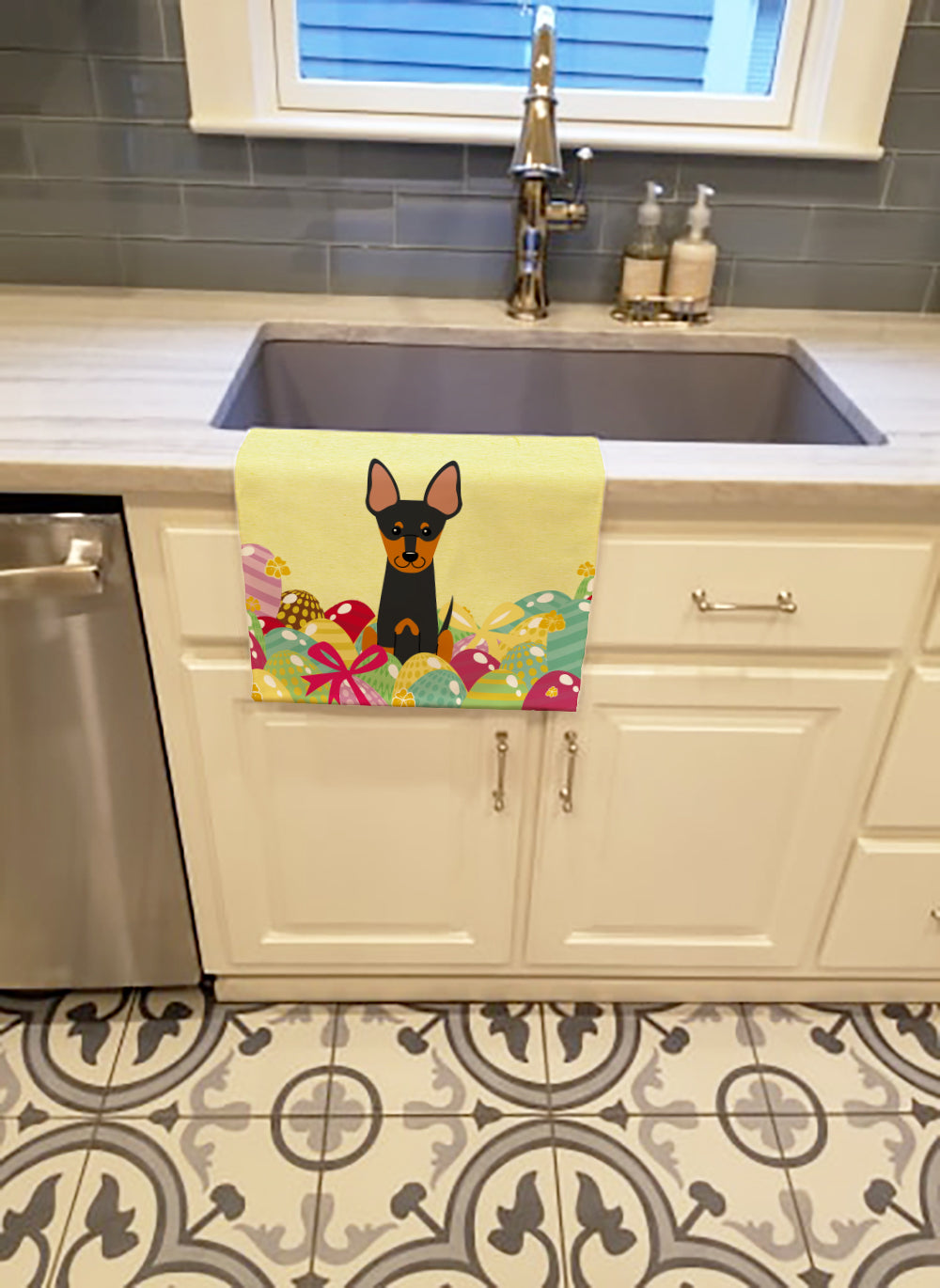 Easter Eggs English Toy Terrier Kitchen Towel Velour Plush Front and Cotton Loop Back Machine Washable