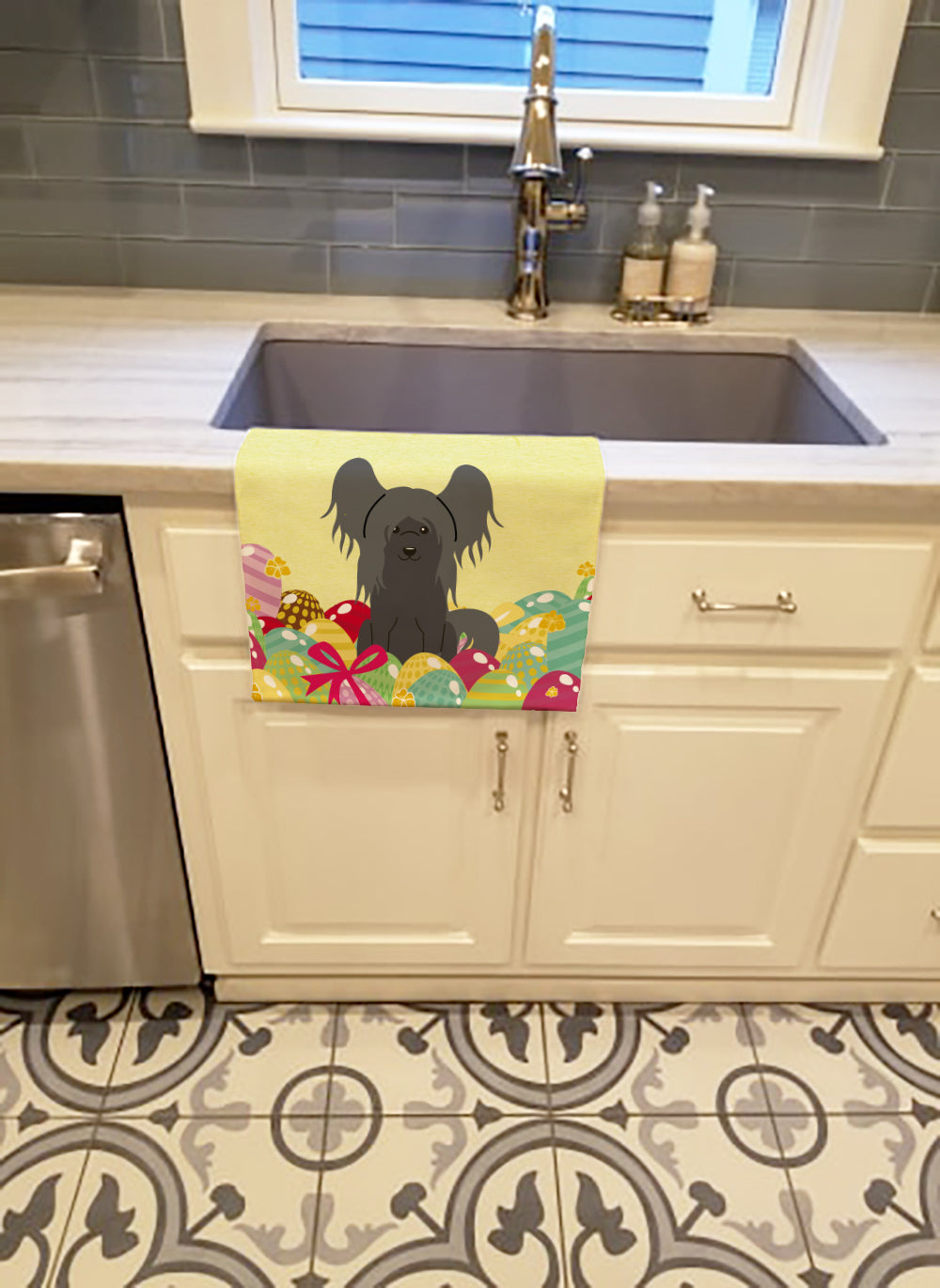 Easter Eggs Chinese Crested Black Kitchen Towel Velour Plush Front and Cotton Loop Back Machine Washable
