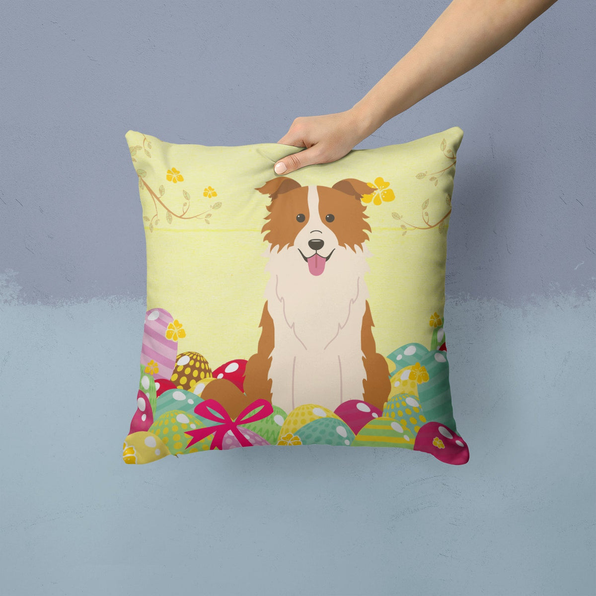Easter Eggs Border Collie Red White Decorative Throw Pillow 14x14 Indoor Outdoor Accent Cushion, Fabric Cover with Insert for Sofa, Bed, Porch & Living Room