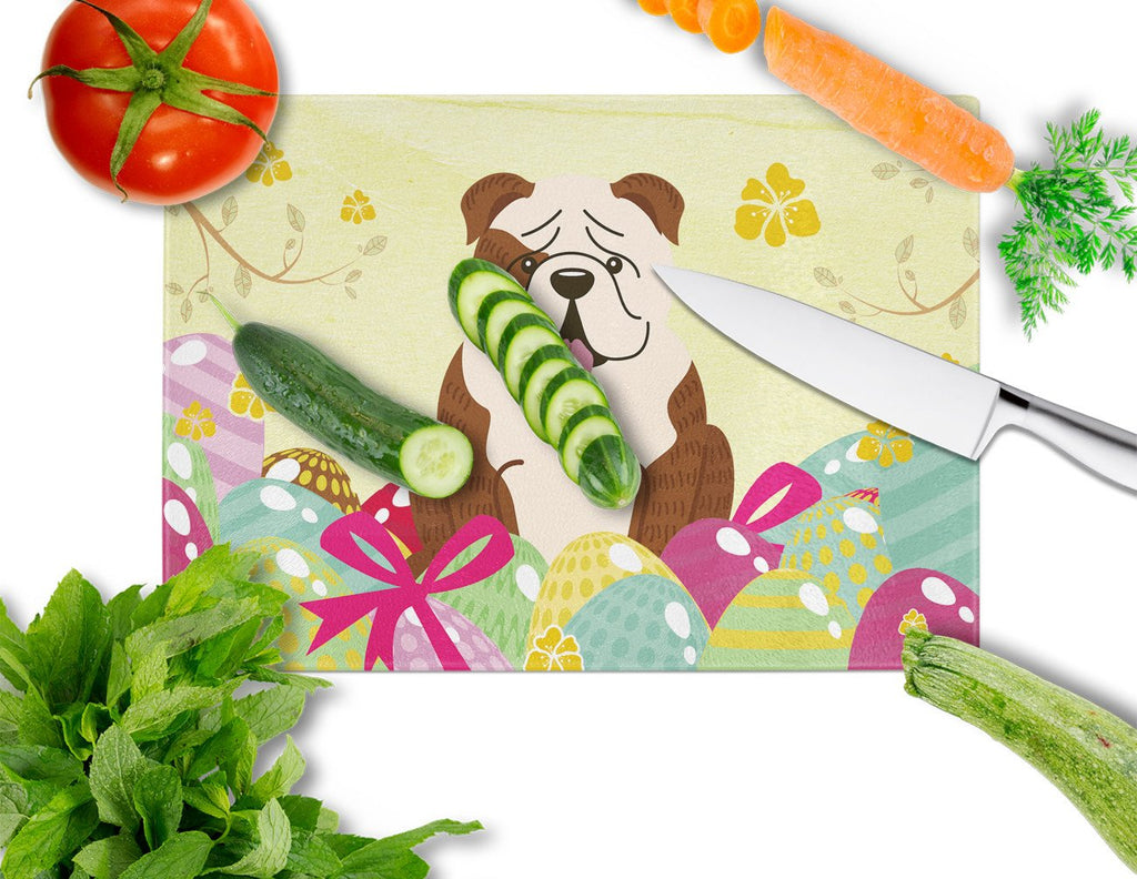 Easter Eggs English Bulldog Brindle White Cutting Board Tempered Glass Kitchen Cutting Surface, Heat Resistant Chopping, Non-Slip Feet, Food Prep & Serving