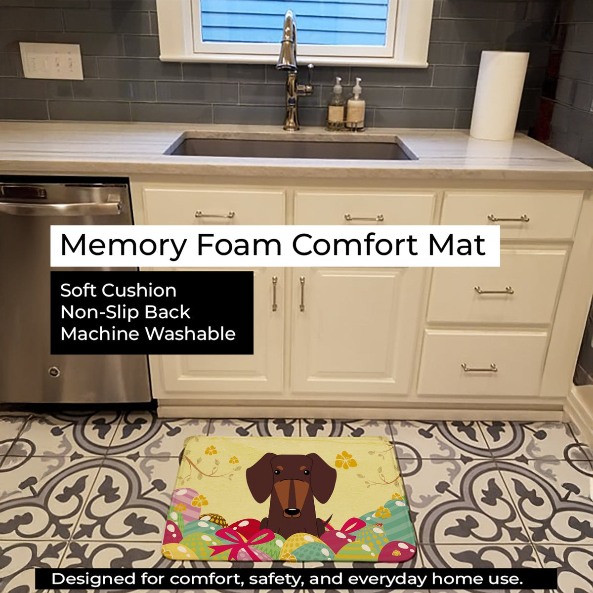 Easter Eggs Dachshund Chocolate Memory Foam Kitchen Mat Machine Washable Anti-Fatigue Cushion Comfort Bath or Kitchen Rug