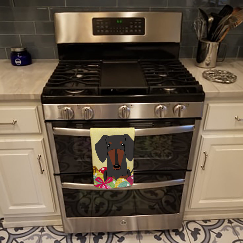 Easter Eggs Dachshund Black Tan Kitchen Towel Velour Plush Front and Cotton Loop Back Machine Washable