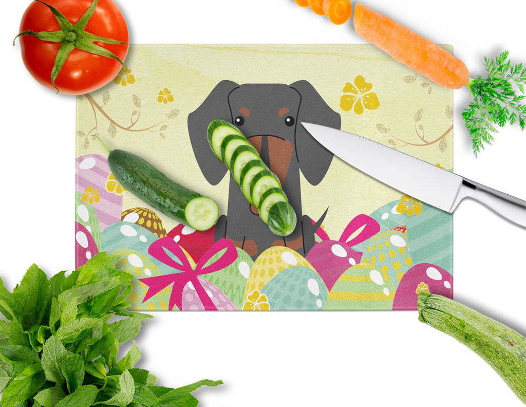Easter Eggs Dachshund Black Tan Cutting Board Tempered Glass Kitchen Cutting Surface, Heat Resistant Chopping, Non-Slip Feet, Food Prep & Serving