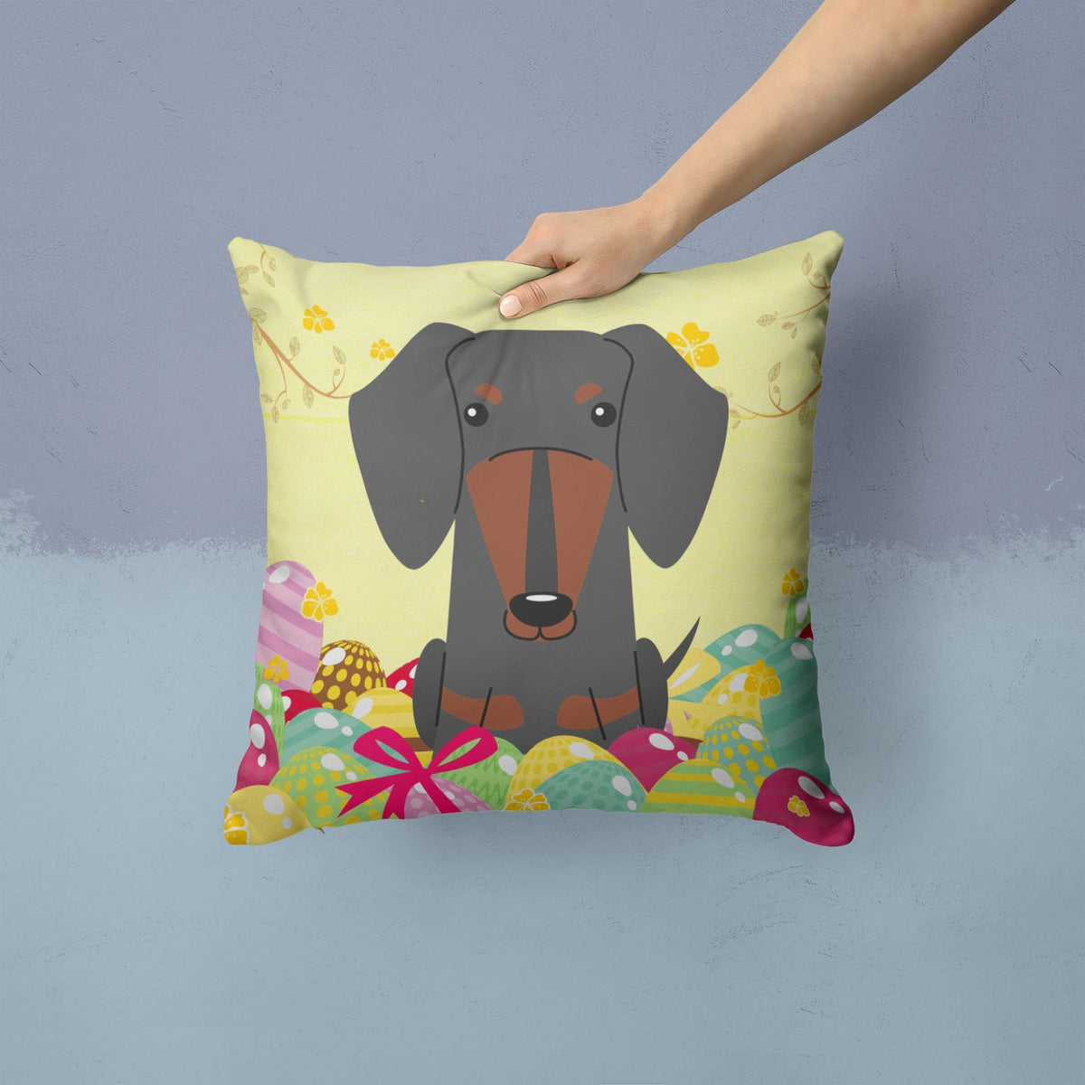 Easter Eggs Dachshund Black Tan Decorative Throw Pillow 14x14 Indoor Outdoor Accent Cushion, Fabric Cover with Insert for Sofa, Bed, Porch & Living Room