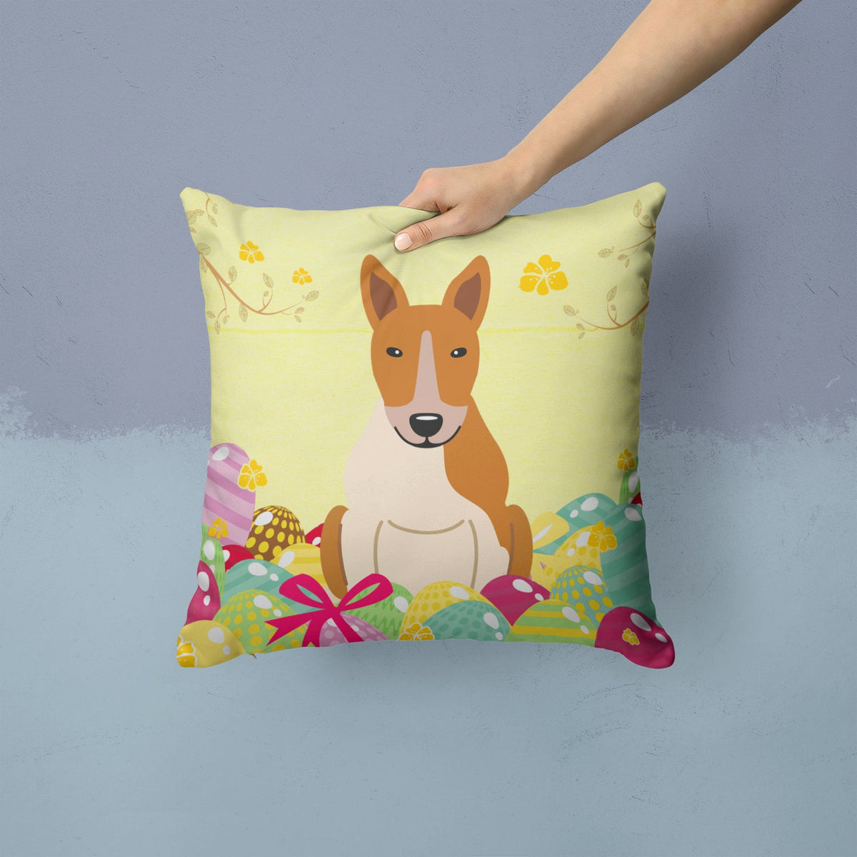 Easter Eggs Bull Terrier Red White Decorative Throw Pillow 14x14 Indoor Outdoor Accent Cushion, Fabric Cover with Insert for Sofa, Bed, Porch & Living Room