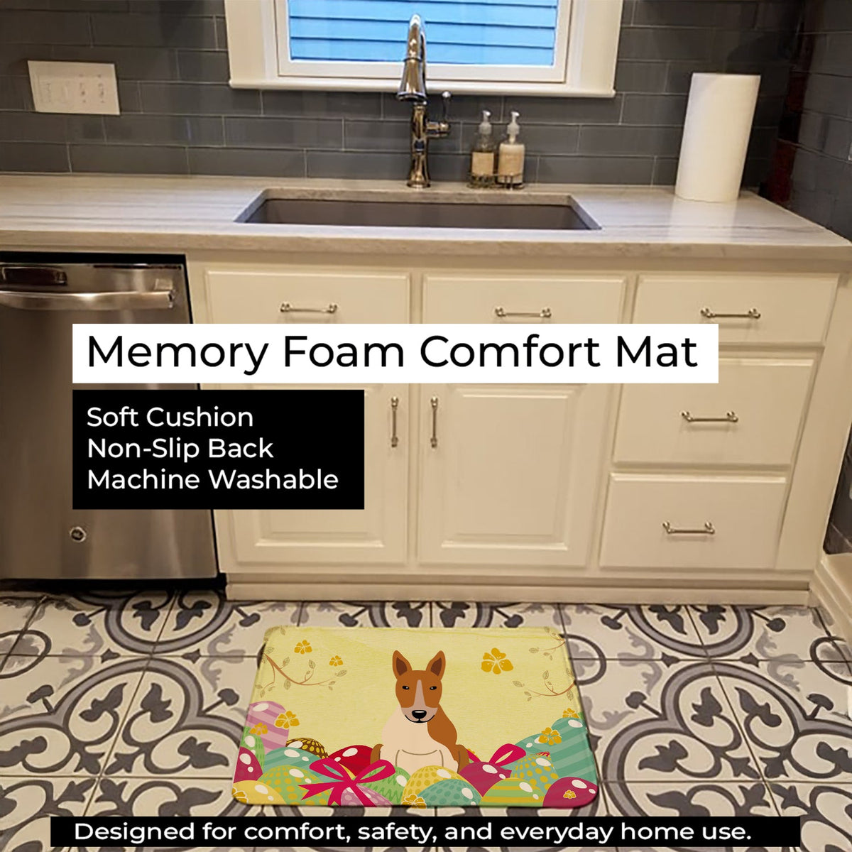 Easter Eggs Bull Terrier Red White Memory Foam Kitchen Mat Machine Washable Anti-Fatigue Cushion Comfort Bath or Kitchen Rug