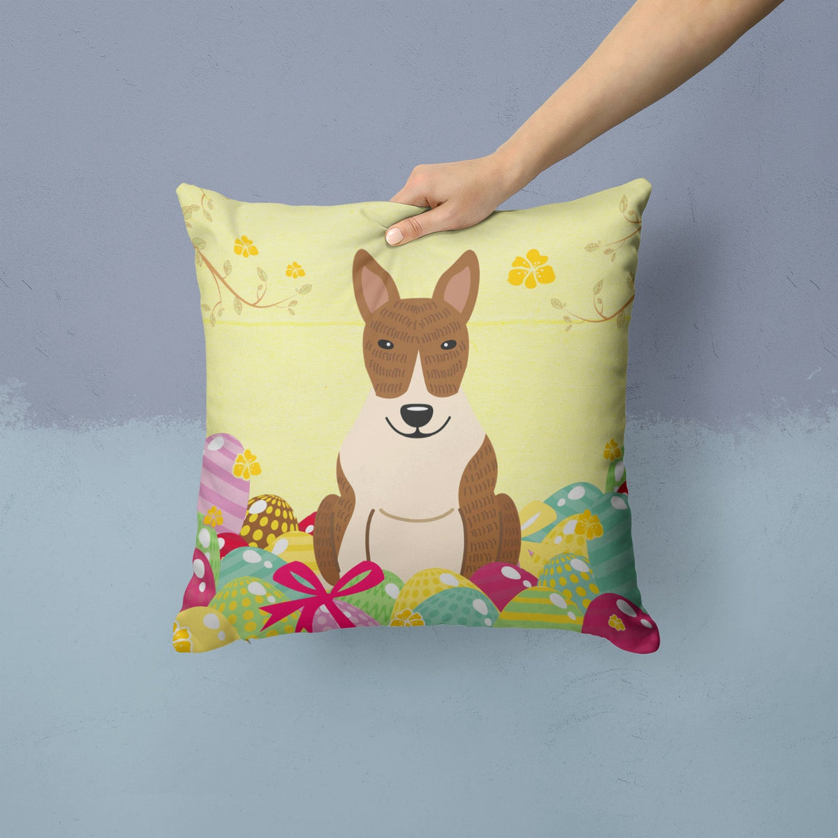 Easter Eggs Bull Terrier Brindle Decorative Throw Pillow 14x14 Indoor Outdoor Accent Cushion, Fabric Cover with Insert for Sofa, Bed, Porch & Living Room