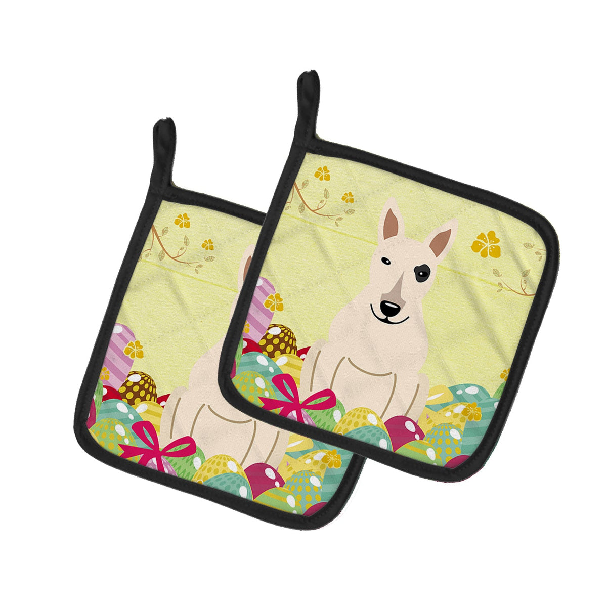 Easter Eggs Bull Terrier White Pot Holder Set of 2 Heat Resistant Quilted Hot Pads 7.5 x 7.5 Inch, Insulated Kitchen Trivets for Cooking & Baking