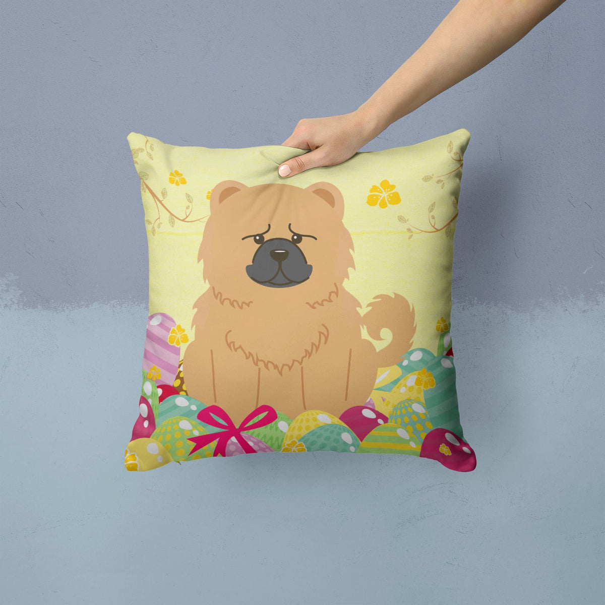 Easter Eggs Chow Chow Cream Decorative Throw Pillow 14x14 Indoor Outdoor Accent Cushion, Fabric Cover with Insert for Sofa, Bed, Porch & Living Room