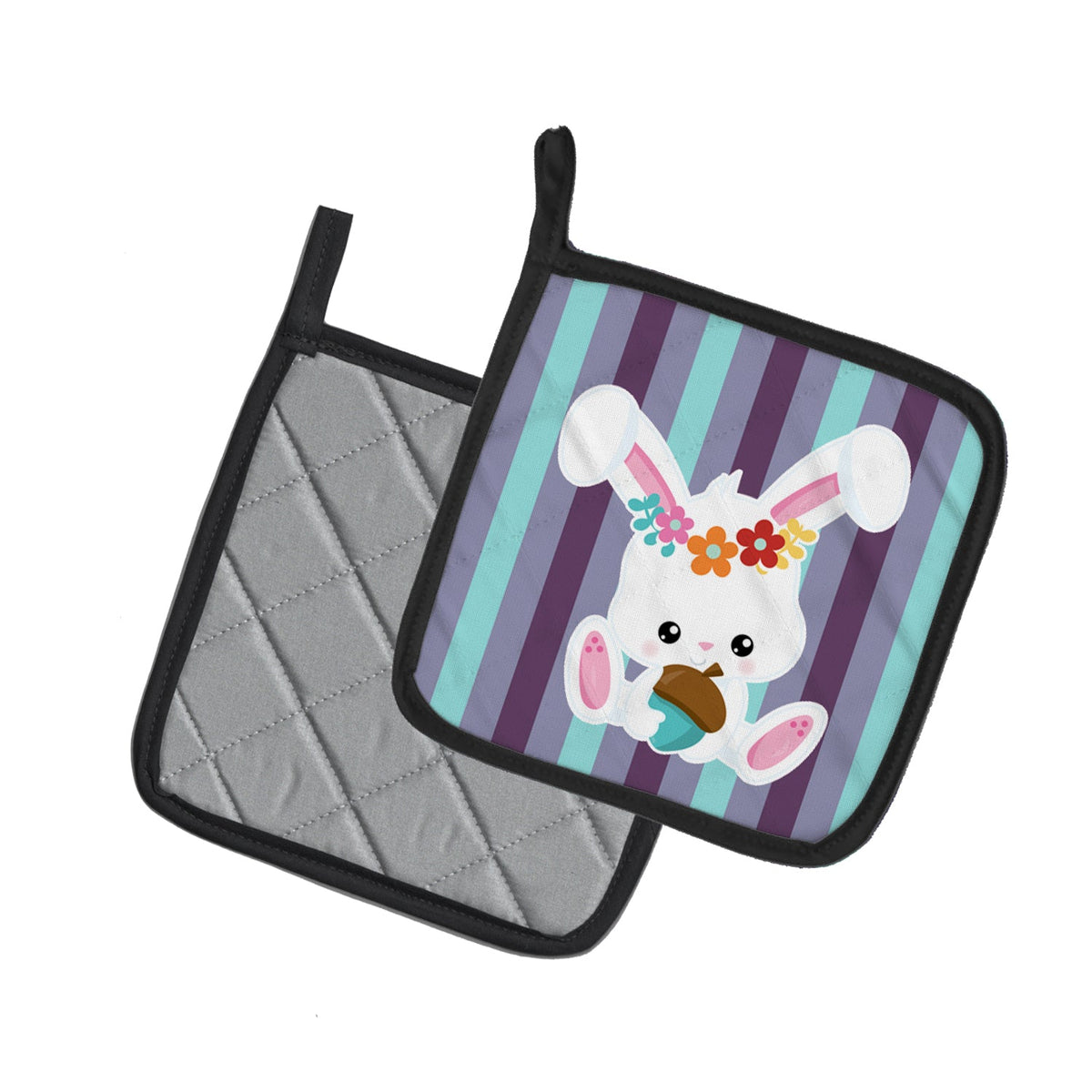 Bunny Rabbit Pot Holder Set of 2 Heat Resistant Quilted Hot Pads 7.5 x 7.5 Inch, Insulated Kitchen Trivets for Cooking & Baking