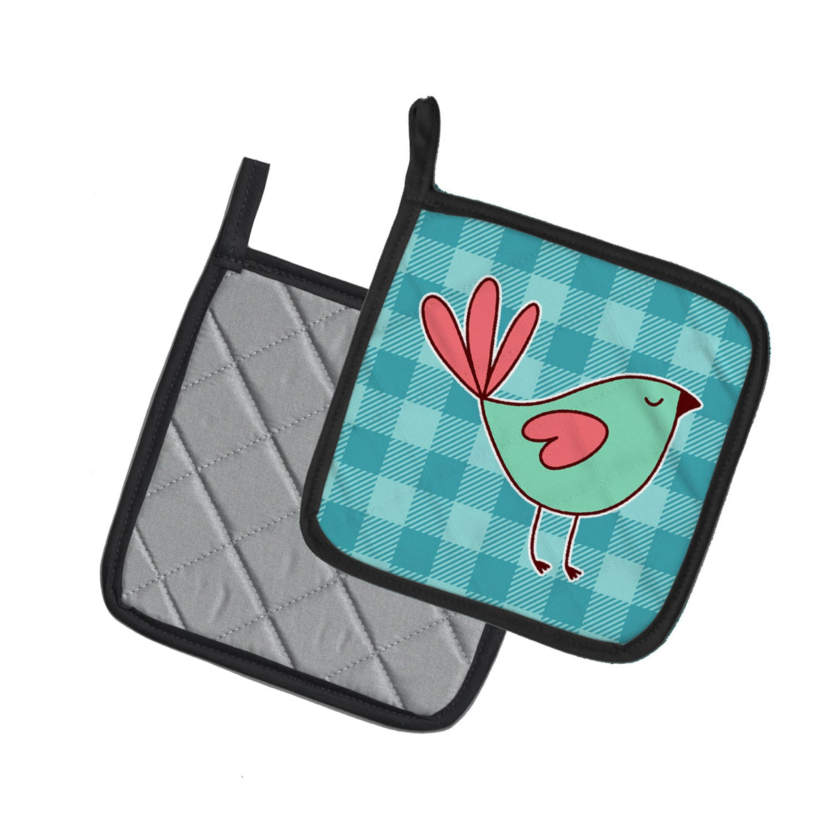Bird on Blue Plaid Pot Holder Set of 2 Heat Resistant Quilted Hot Pads 7.5 x 7.5 Inch, Insulated Kitchen Trivets for Cooking & Baking