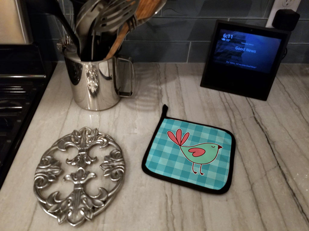 Bird on Blue Plaid Pot Holder Set of 2 Heat Resistant Quilted Hot Pads 7.5 x 7.5 Inch, Insulated Kitchen Trivets for Cooking & Baking
