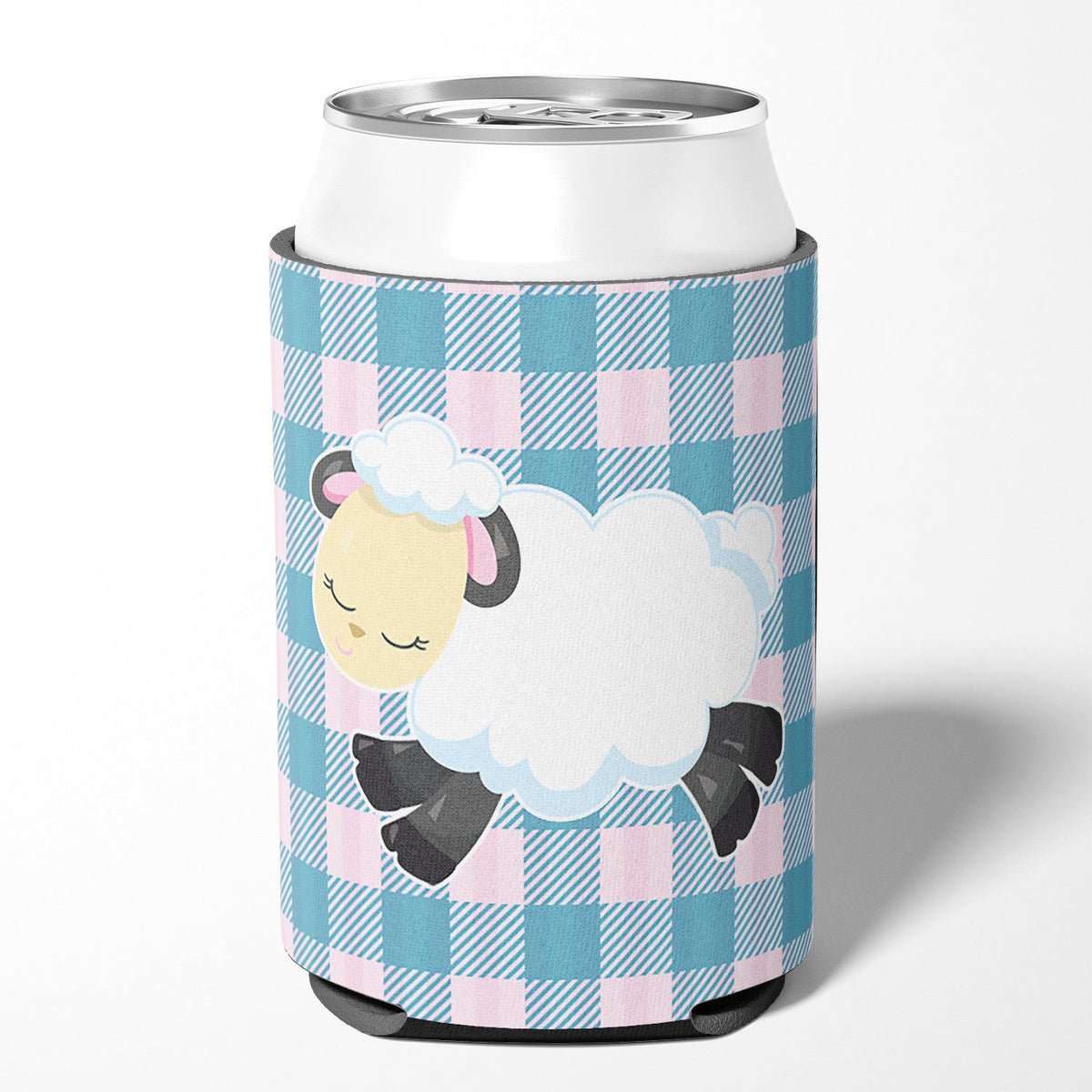 Sheep on Blue Gingham Can or Bottle Hugger Cooler Sleeve for Standard 12 oz Cans, Insulated Foam Beer & Soda Can Hugger Reusable