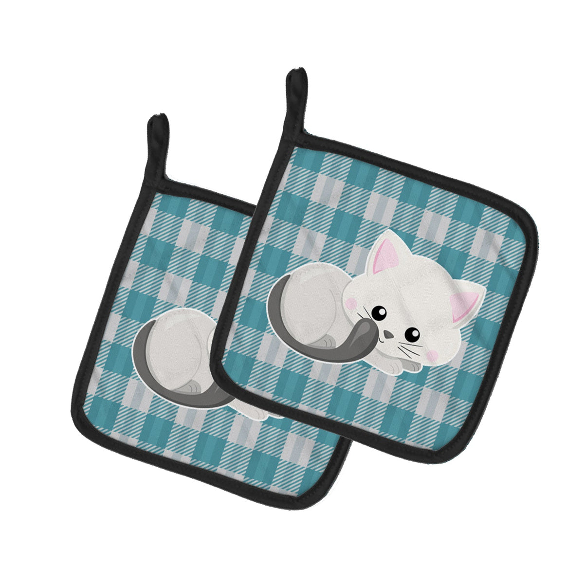 White Kitten Pot Holder Set of 2 Heat Resistant Quilted Hot Pads 7.5 x 7.5 Inch, Insulated Kitchen Trivets for Cooking & Baking