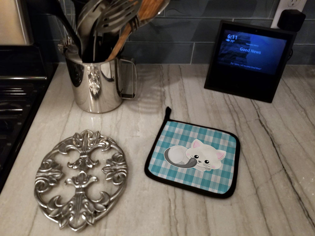 White Kitten Pot Holder Set of 2 Heat Resistant Quilted Hot Pads 7.5 x 7.5 Inch, Insulated Kitchen Trivets for Cooking & Baking
