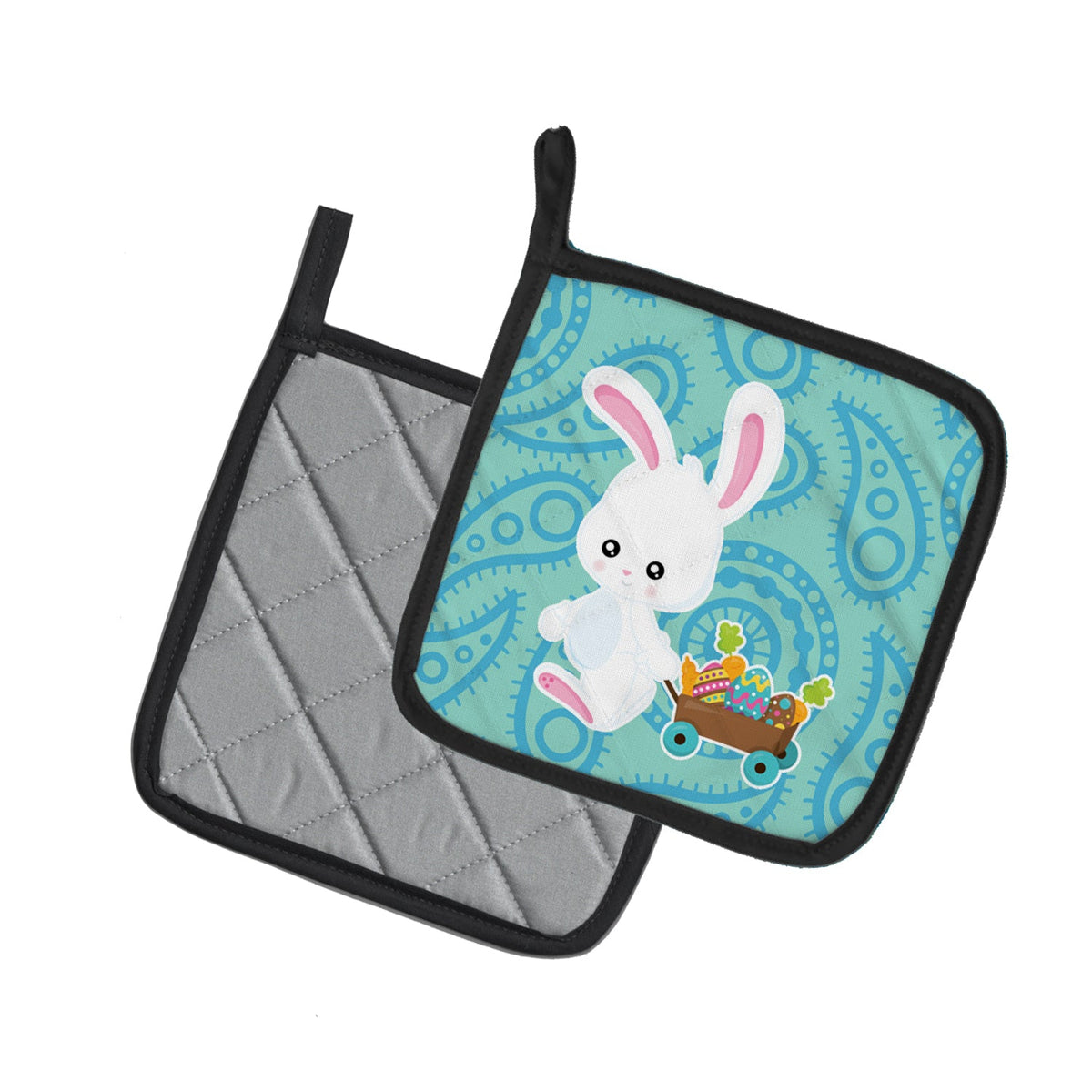 Easter Rabbit Paisley Blue Pot Holder Set of 2 Heat Resistant Quilted Hot Pads 7.5 x 7.5 Inch, Insulated Kitchen Trivets for Cooking & Baking