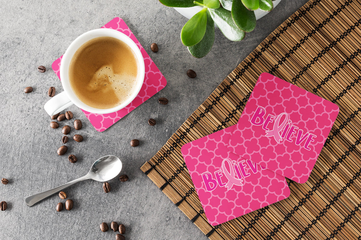 Breast Cancer Awareness Ribbon Believe Foam Coasters Set of 4 Cup Coasters for Indoor Outdoor, Tabletop Protection, Anti Slip, Mouse pad Material