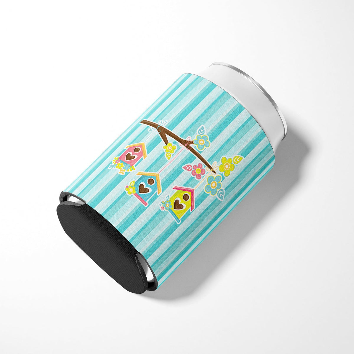 Birdhouses on Blue Stripes Can or Bottle Hugger Cooler Sleeve for Standard 12 oz Cans, Insulated Foam Beer & Soda Can Hugger Reusable