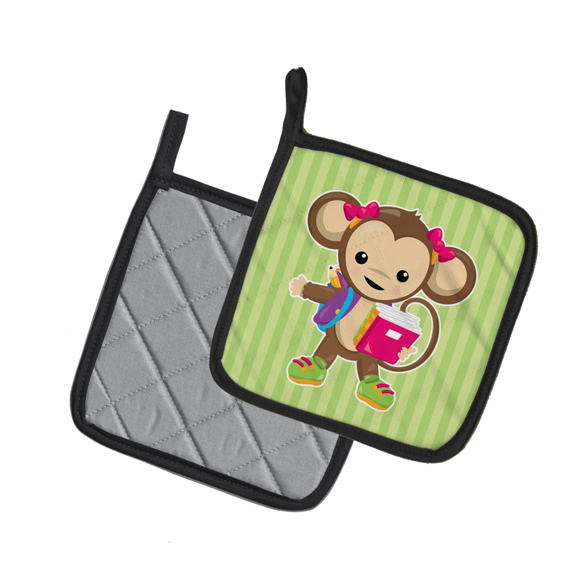 Monkey Going to School Pot Holder Set of 2 Heat Resistant Quilted Hot Pads 7.5 x 7.5 Inch, Insulated Kitchen Trivets for Cooking & Baking