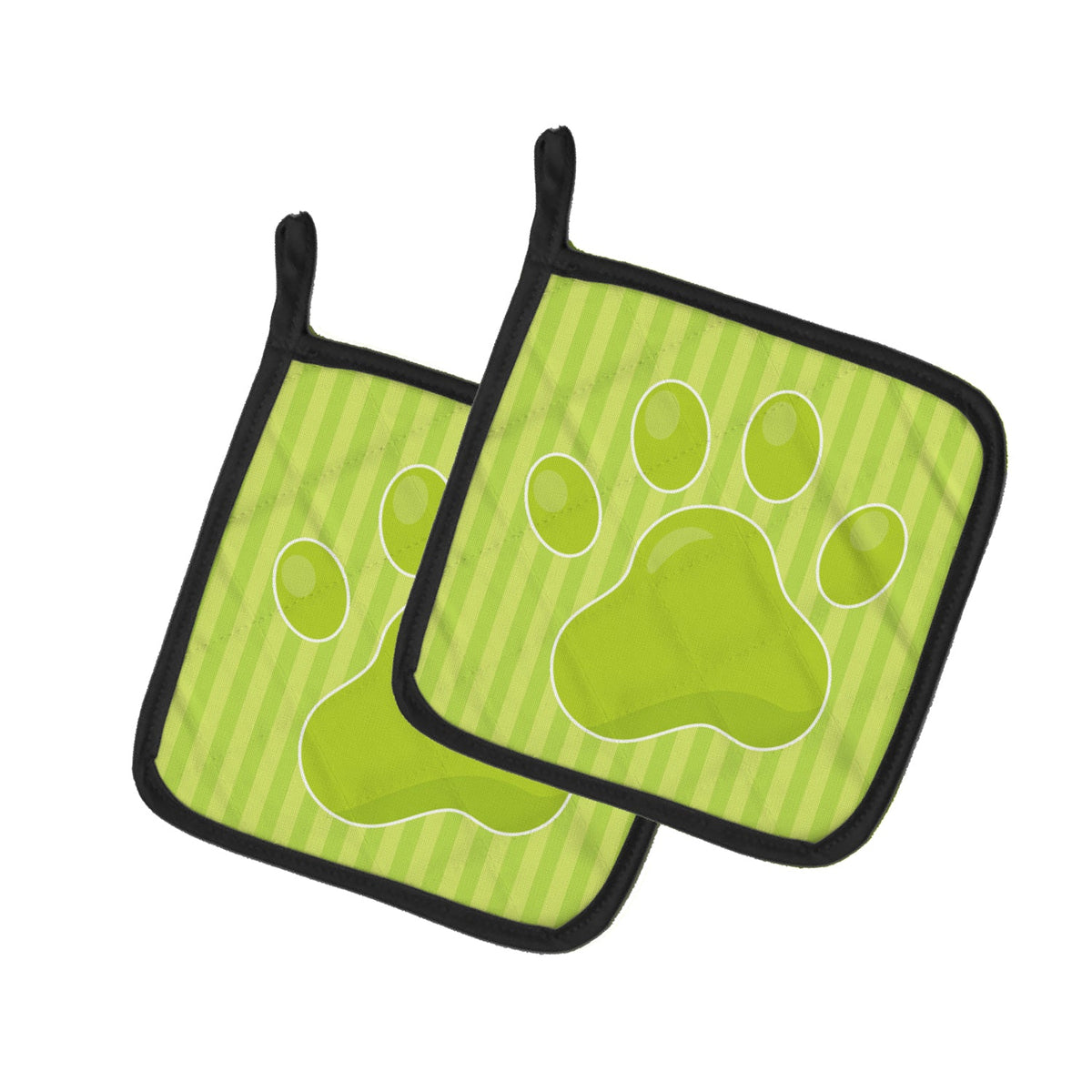Puppy Pawprint Green Stripes Pot Holder Set of 2 Heat Resistant Quilted Hot Pads 7.5 x 7.5 Inch, Insulated Kitchen Trivets for Cooking & Baking