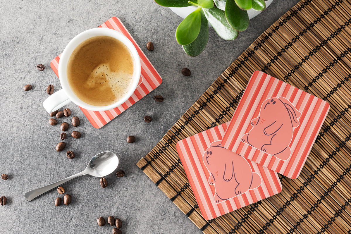 Rabbit on Pink Stripes Foam Coasters Set of 4 Cup Coasters for Indoor Outdoor, Tabletop Protection, Anti Slip, Mouse pad Material